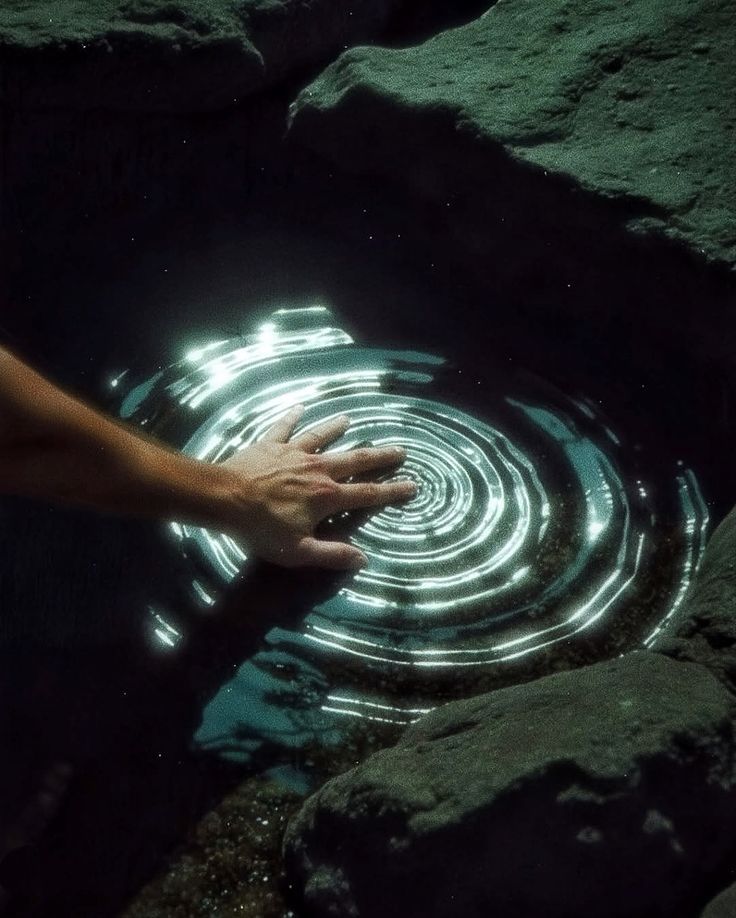 Hand touching still water creating ripples